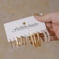 6-pair set of gold vintage earrings with pearls and butterfly pendants on display - Gold 6 Pairs Butterfly Pearl Hoop Set (ZJ9247)