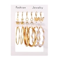 Gold vintage earring set featuring stars, moons, butterflies and pearls on display card - Gold 9 Pairs Star Moon Butterfly Pearl Set (ZJ9687)