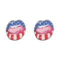 Close-up of lip-shaped wooden earrings with American flag patterns in red white and blue - Lip Style (ZJ10319)