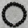 8mm polished black hematite beaded bracelet with dark grey metal cylinder bead - Black Glossy Texture Style (ZJ11347)