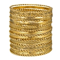 Detail of 19-piece gold-tone metal bangles with braided, twisted, and floral patterns - Antique Gold
