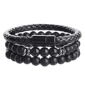 Set de 3 piezas para hombre con cuero trenzado negro, cuentas de piedra y cierre imán - Estilo Juego de Tres Piezas (ZJ12996)