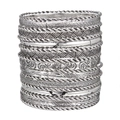 Close-up of retro silver bangles featuring rope texture and floral carvings in 19-piece set - Antique Silver