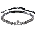 Adjustable hematite beaded crown bracelet with micro-pave crystals and woven cord - Crown Black