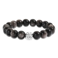 Natural obsidian beaded bracelet with silver Pi Xiu charm on a clean white background - Mythical Beast Carving Style (ZJ10672 10mm)