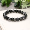 Men's snowflake stone and black lava rock beaded bracelet with grey metal accents - Snowflake Stone Mix Style (ZJ11070)