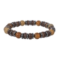 Macrodetail van vintage houten kralen en zwarte hematietstenen op een elastische armband - Bruine Prentensteen Stijl (ZJ11746)