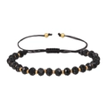 Pulsera bohemia de cuentas negras talladas con detalles dorados y cordón trenzado ajustable - Cordón Negro Cuentas Facetadas Negras Estilo (ZJ11457)