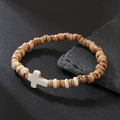 Boheems turquoise kralenarmband met witte kruishanger op een natuurlijke steen - ZJ11979-Bruin en Wit Houten Kruis Kralen Armband