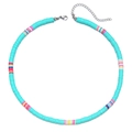 Bohemian turquoise heishi clay bead choker necklace with rainbow accents and silver clasp - Lake Blue Spliced Style (ZJ12606)