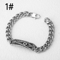 Macro view of men's chunky stainless steel Cuban link bracelet with Freemasonry emblem - Standard Length / Masonic Symbol Style