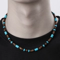 Men's bohemian beaded necklace featuring turquoise and brown coconut wood cylinder beads - Blue Brown Spliced (ZJ12765)