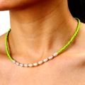 Handmade green crystal beaded choker with white pearls and evil eye charm for women - Grass Green Faux Pearl Spaced Style (ZJ12742)