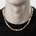 Bohemian men's necklace with brown wood and cream clay beads on a black t-shirt - Brown White Spliced (ZJ12767)