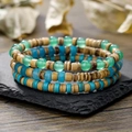 Three-piece turquoise and wooden bead bracelet set on slate for a bohemian men's look - Three-layer Blue Green Wood Style (ZJ13228)