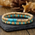 Set di bracciali di perline etniche con legno naturale e accenti turchesi - Stile Turchese Perline in Legno a Due Strati (ZJ12976)