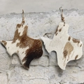 Western style cowhide earrings in Texas map shape with brown white hair-on-hide texture - Brown White Cow Pattern (1)
