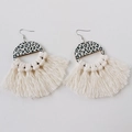 Bohemian fan-shaped leopard print earrings with handmade off-white cotton tassels - White (5)