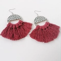 Detail of bohemian leopard print wooden earrings with dark pink cotton tassels - Rose Red (6)