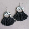 Bohemian fan-shaped fringe earrings with green leopard print and black tassel accents - Black(7)