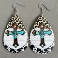 Faux leather teardrop earrings featuring leopard print, cow pattern, and cross design - Religious Text PRAY Leopard (11)