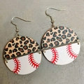 Detail of leopard print and baseball pattern spliced wooden drop earrings for sports fans - Baseball Style