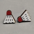Detail shot of laser-cut wooden badminton shuttlecock earrings with red and white paint - Badminton Style (2)
