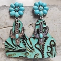 Detail of bohemian turquoise sunflower earrings with cactus pendants and mint leather - Mint Green Scroll Embossed Style