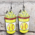 Close-up of handmade milkshake cup earrings with softball print on stone background - Softball Cup Style