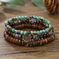 Bohemian multilayer wood bead bracelet set with turquoise accents and vintage metal charm - Sodalite Bohemian Round Tag Style (ZJ14049)