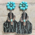 Western boho leather earrings with turquoise flower and silver cactus pendants - Dark Green Natural Texture Style