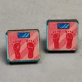 Detail view of square wooden stud earrings with pink digital scale and footprint pattern - Pink Weighing Scale Style (7)