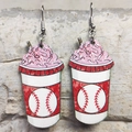 Creative baseball milkshake pendant earrings with pink cream top and silver hooks - Baseball Cup Style
