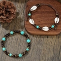 Bohemian style multi-layer bracelet with coconut shells, turquoise, and wooden beads - Natural Conch Shell & Braided Cord Set (ZJ14183)