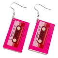 Retro hot pink acrylic cassette tape drop earrings with I LOVE U text and silver hooks - Cassette Tape Design / Rose Red