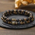 Set di bracciali elastici in pietra vulcanica e perle di legno con elementi vintage - Stile Legno Pietra Lavica a Due Strati (ZJ13081)