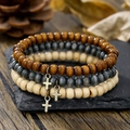 Set di tre bracciali di perline in legno con ciondoli a croce in toni della terra - Stile Perline in Legno Croce a Tre Strati (ZJ13252)