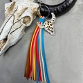 Detail of western bull head keychain featuring leopard print with colorful fringe - Colorful Rhinestone Leopard Bull Head (6)