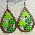 Saint Patrick's Day wooden teardrop earrings with green clovers on stone background - Shamrock Teardrop Style (1)