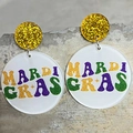 Sparkling Mardi Gras festival drop earrings with colorful glitter and acrylic lettering - White Round Letter Style