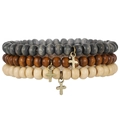 Vintage herenarmbandset van houten kralen met bronzen kruishangers in drie kleuren - Kruis Hanger Drieledige Set (ZJ13252)