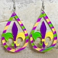 Colorful teardrop earrings with Fleur-de-lis pattern for festival and carnival style - Fleur-De-Lis Teardrop Style