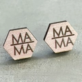 Minimalist hexagonal wooden mama studs with pink pearlescent finish and engraving - Pearly Pink Hexagon Mama Style (3)