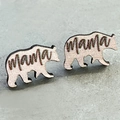 Detail of pink glitter bear stud earrings featuring handwritten mama text design - Pink Glitter Bear Style (2)