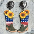 Patriotic cowboy boot earrings with US flag patterns and sunflowers for Independence Day - Cowboy Boots And Sunflower Style (Stud)