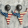 Detail of Western cowboy bull head earrings with American flag pattern on stone background - Longhorn Bull Head Style (Stud)