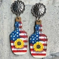Detail of wooden wine bottle earrings featuring American flag patterns and sunflowers - Mason Jar And Sunflower Style (Stud)