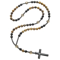 Men's beaded cross necklace with tiger eye and black obsidian stones on white background - Mixed Gemstone Style (ZJ12970)