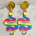 Rainbow striped snake dangle earrings with golden glitter studs on stone background - Snake Shape Style (2)
