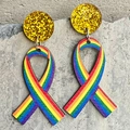 Rainbow ribbon acrylic drop earrings with gold glitter tops and pride flag colors - Rainbow Ribbon Style (3)